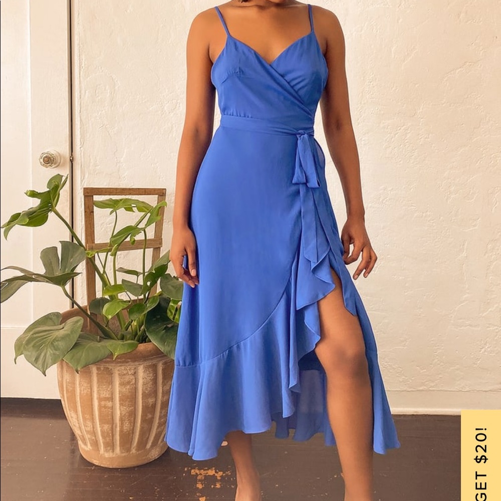 Lulus Manhattan Moment Blue ruffled wrap dress